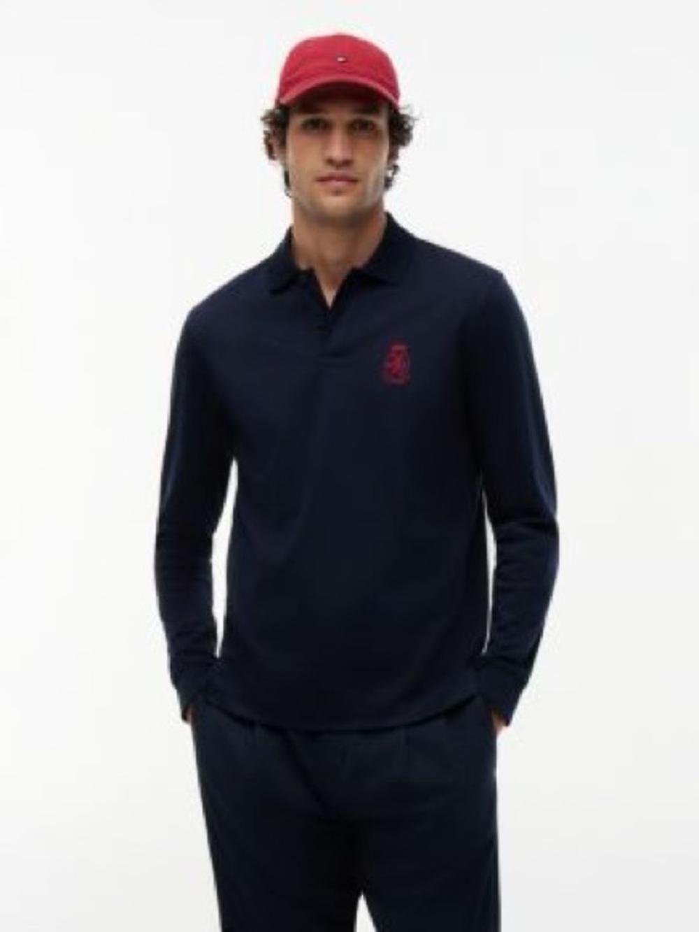 Tommy Hilfiger Navy Long-Sleeve Polo with Red Chest Emblem
